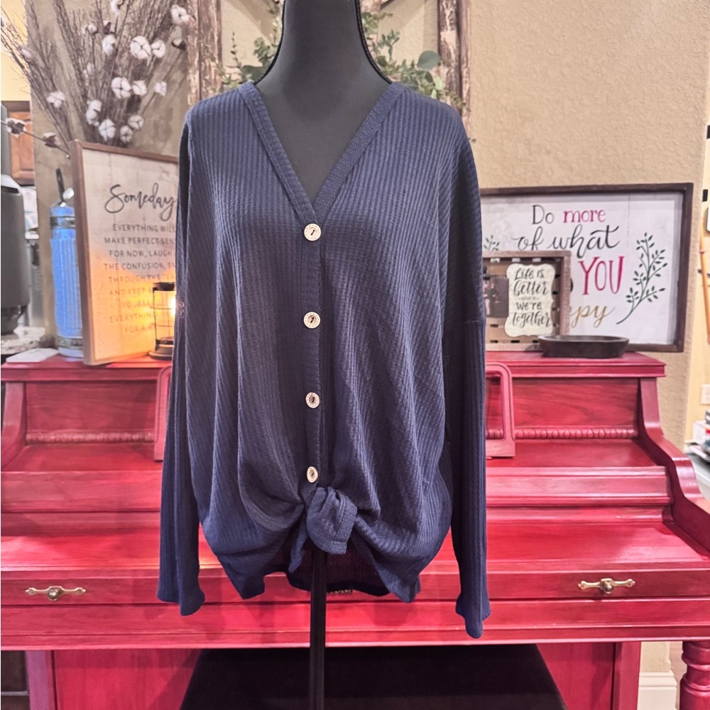 BiBi Blue Cardigan Sweater with V-Neck and Tie Detail